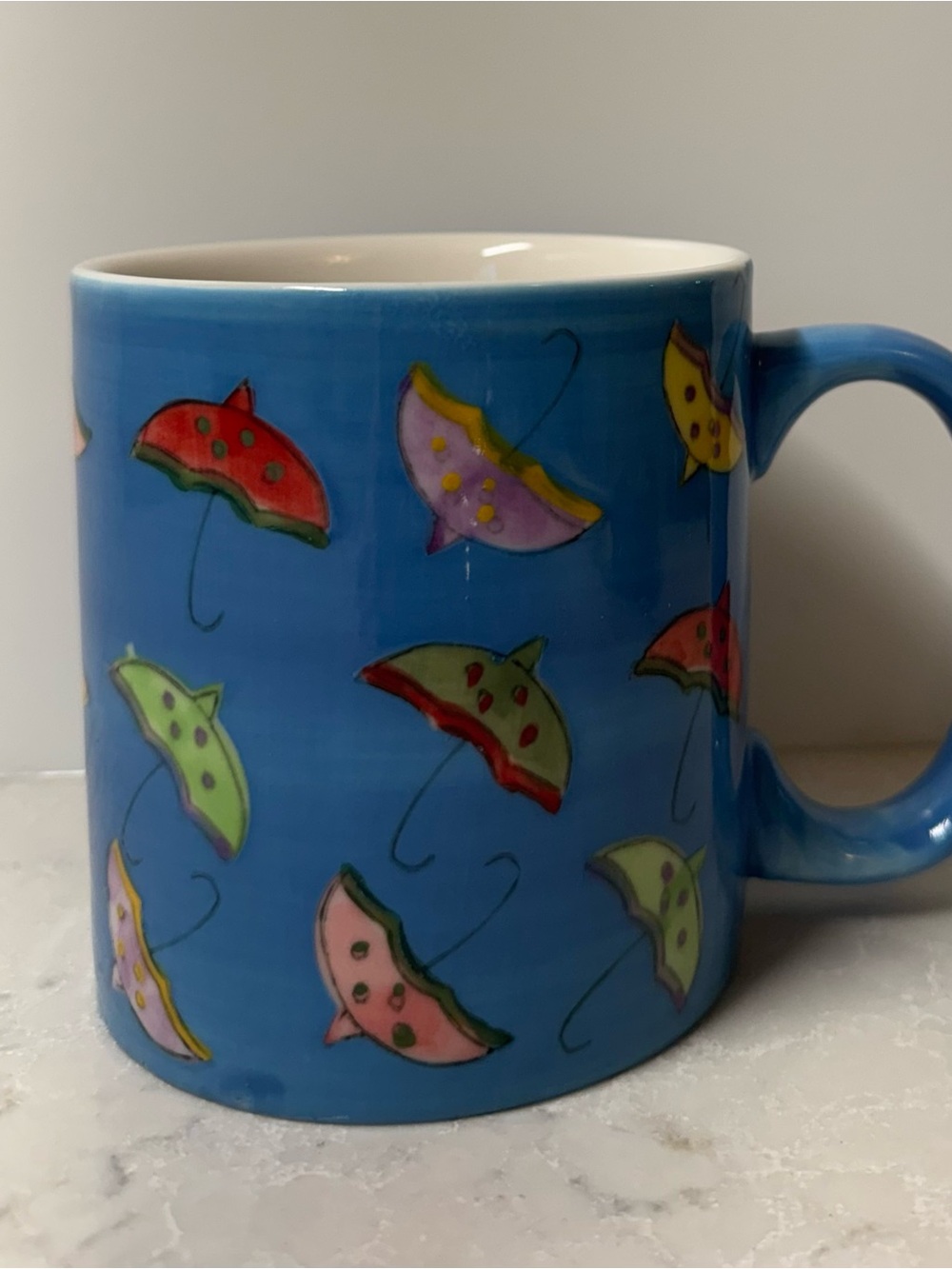 Eddie Bauer Blue Ceramic Mug with Colorful Umbrella Motif